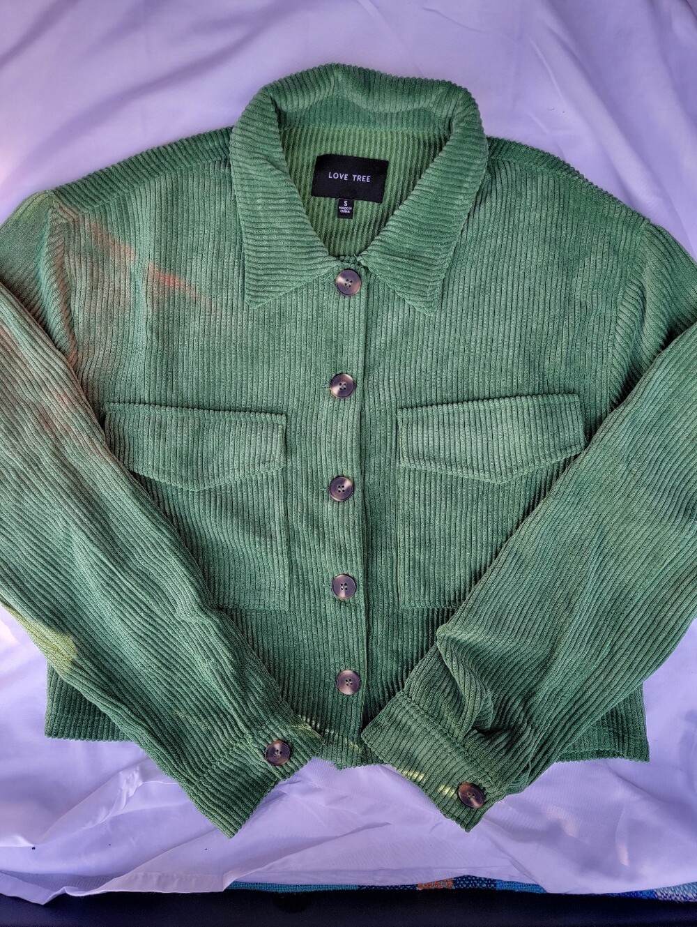 Love Tree Emerald Green Corduroy Cropped Button Jacket